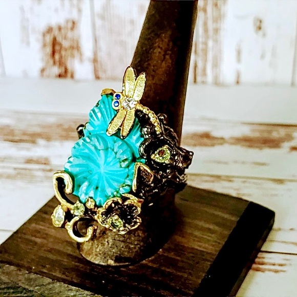 Strerling & 14 kt Dragonfly Turquoise Ring - Picture 2 of 7